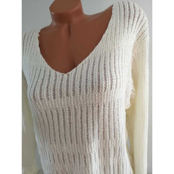 Long Sleeve V-Neck Open Knit Pullover Sweater off-white - Picture 10 of 12